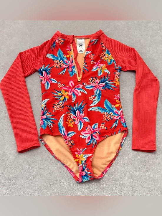 art class Other - Art Class Girls One Piece Swimsuit Size 7/8 Red Tropical Floral Long Sleeve Zip